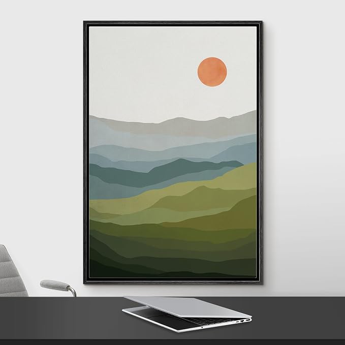 Woodrose Framed Canvas Print Wall Art Green, Blue & Gray Mountain Landscape Abstract Shapes Illustrations Modern Art Minimalist 3D Colorful Ultra for Living Room, Bedroom, Office - 24"x36" BLACK