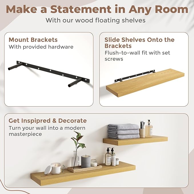 Floating Shelves for Wall with Invisible Brackets, Wall Mounted Engineered Wood Shelves with Wood Grain for Living Room, Bedroom, Bathroom, Kitchen Decor and Storage, Oak, 12"L Set of 3, Oak
