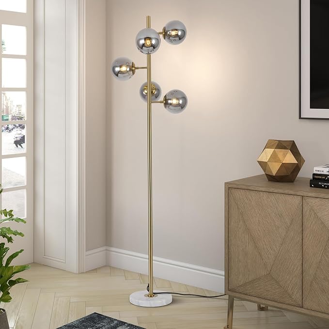 KCO Lighting Glass Globe Floor Lamp Mid Century Modern Standing Lamp Gold and Marble Floor Lamps Brass Reading Floor Lamp Bright Floor Light for Dark Rooms Living Room Bedroom