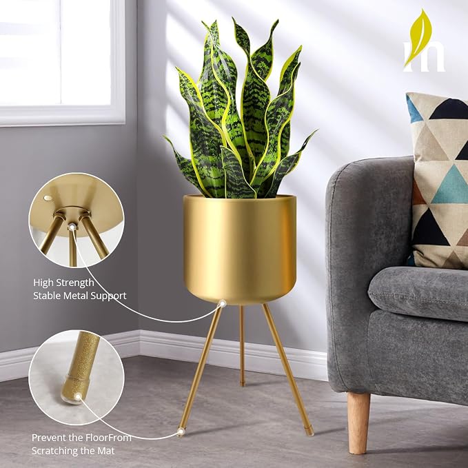 Mid-Century Metal Flowerpot with Stands, Stylish Modern Floor-Standing Flowerpot,Suitable for Orchid, Aloe Indoor Outdoor Decoration 10'' Wide 20'' high (Large, Gold)