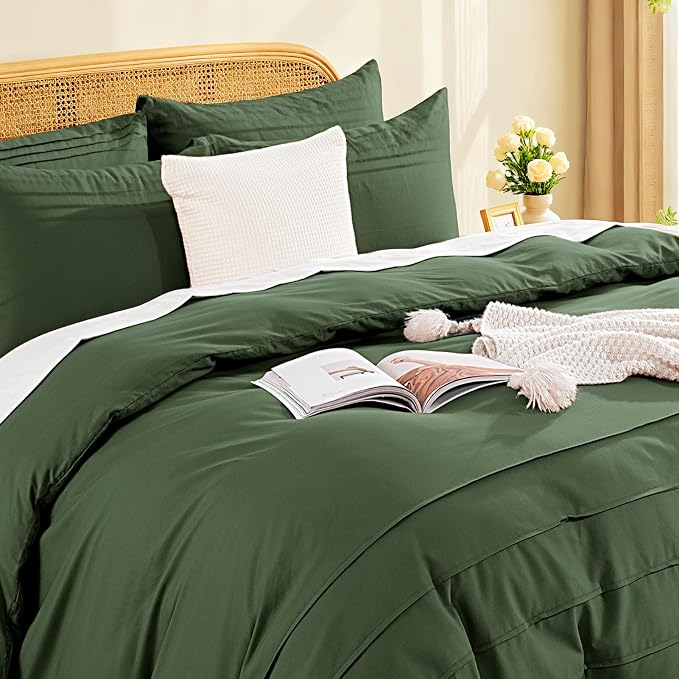 NEXHOME PRO 100% Organic Cotton Duvet Cover Full,Linen Like Pleated Textured Olive Green Duvet Cover Set,3pc Bedding Set with Zipper Closure, Soft,Lightweight and Breathable (80"x90", No Comforter)