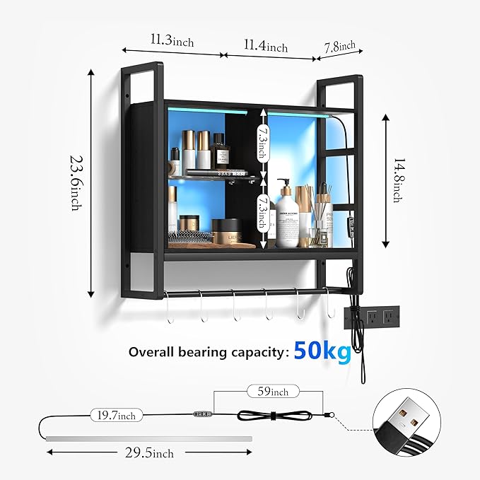34" LED Wall Mounted Shelf - Gaming Floating Shelves 3 Tier Display Rack with Adjustable Glass Shelf and 6 S-Hook Wood Wall Mounted Shelves for Bathroom Wall Living Room Deco,Walnut Color