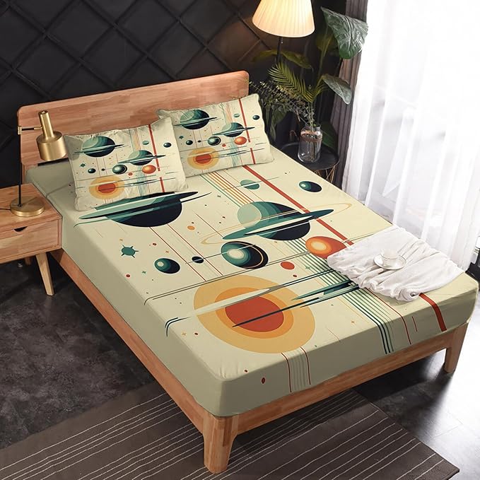 Mid Century Modern Bed Sheets Twin Size, Abstract Planet Sheet Set, Soft Microfiber Deep Pocket Wrinkle Free Fitted Sheet & Flat Sheet & Pillowcase Sets, Retro Geometric Bedding Sheets - 3 Piece