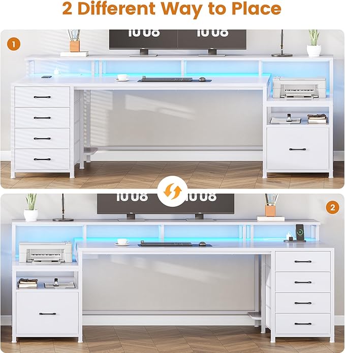 SEDETA White Computer Desk with 5 Drawer & Power Outlet, 75'' Home Office Desk with File Drawer, Storage Shelves, Printer Cabinet and Monitor Shelf, Gaming Desk with Led Lights, 23.6" W Desktop