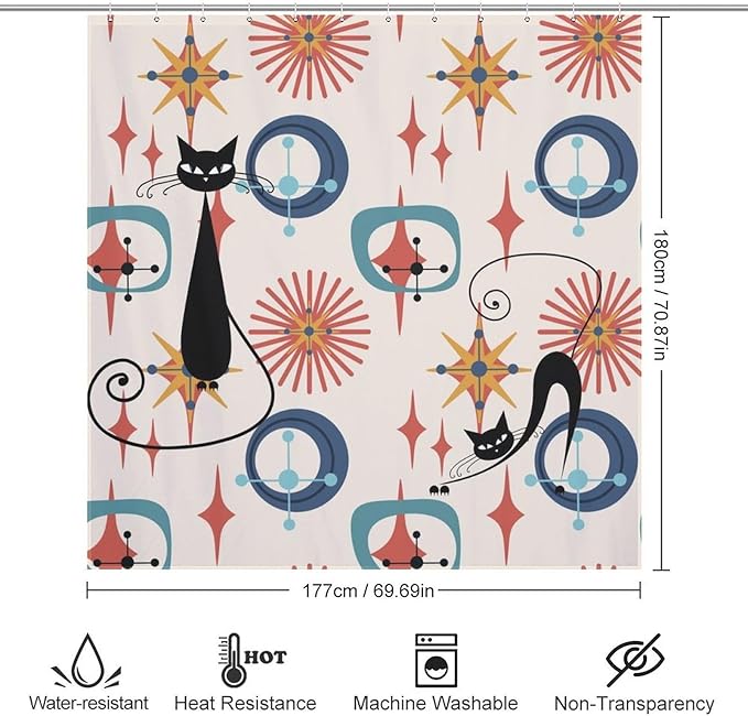 Mid Century Black Cat Shower Curtain,Modern Atomic Retro Abstract Geometric 60s 70s Iconic Decor Fabric Bathroom Curtain with Hook 72x72in（183x183cm）