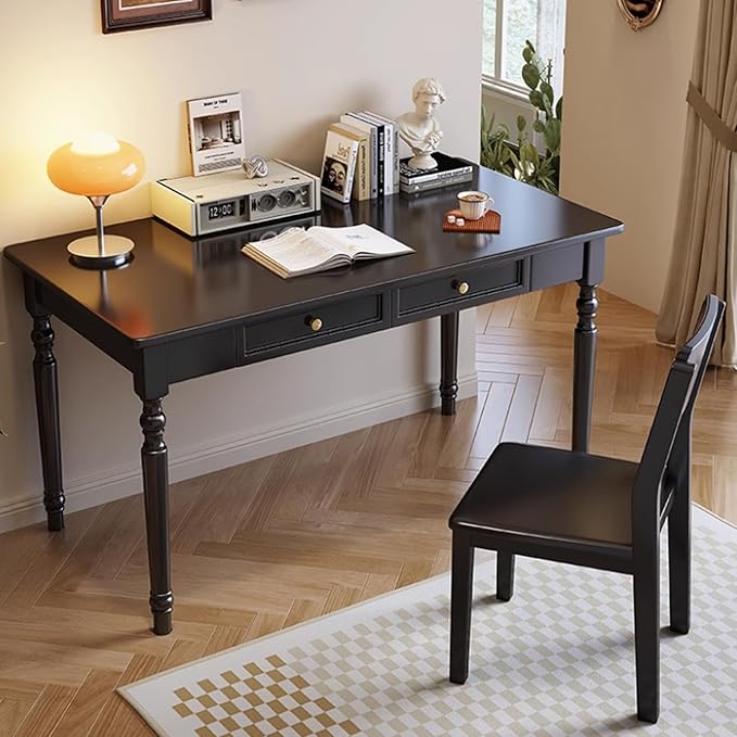 Mid Century Modern Desk, Rubber Wood Desks with Drawers, Solid Wood Computer Workstation with Carved Legs, Simple Style Writing Table (Black, 47.2 * 23.6 * 29.5in)