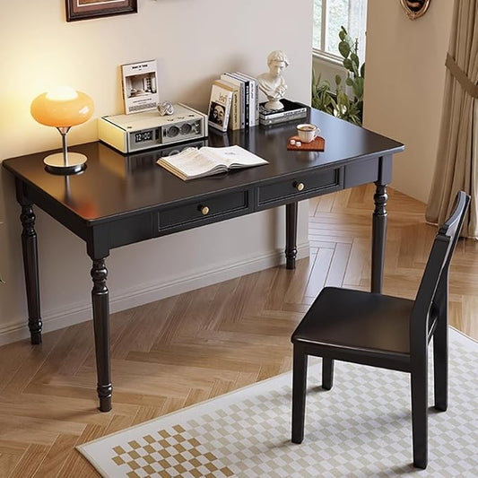 Mid Century Modern Desk, Rubber Wood Desks with Drawers, Solid Wood Computer Workstation with Carved Legs, Simple Style Writing Table (Black, 47.2 * 23.6 * 29.5in)