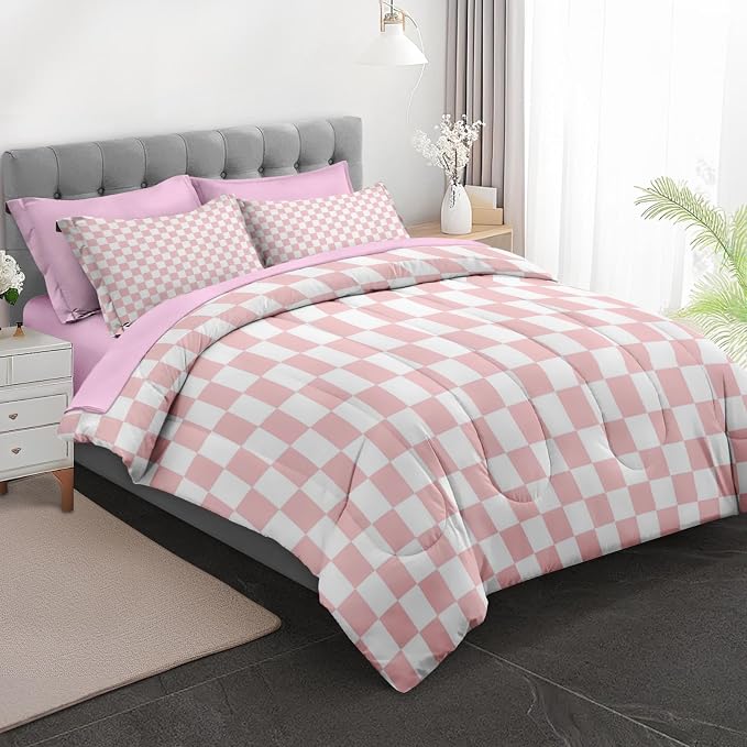 7Pcs Comforter Set Full Size, Light Pink Checkered Plaid Girly, Bedding Decor Cute Gingham Checkerboard Geometric Bedroom Bed Set Flat Sheet Fitted Sheet Pillowcases Shams for Kids Adults