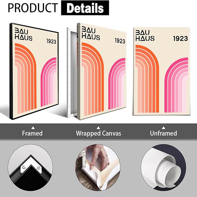 Bau Haus 1923 Retro Geometric Framed Poster Bold Orange And Pink Curved Arcs Canvas Wall Art Minimalist Typography Prints Painting For Home Bedroom Dorm Wall Decor 8x10in Framed