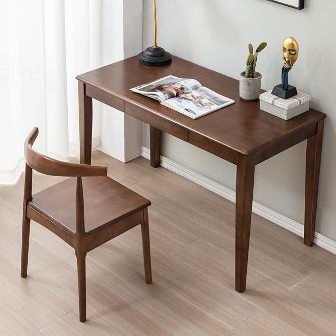 Solid Wood Desk with Drawer, Wooden Home Office Desk for Work, Student Computer Desk for Small Spaces, Gaming Study PC Desk for Bedroom, Easy to Assemble (Walnut Color 47 inch)