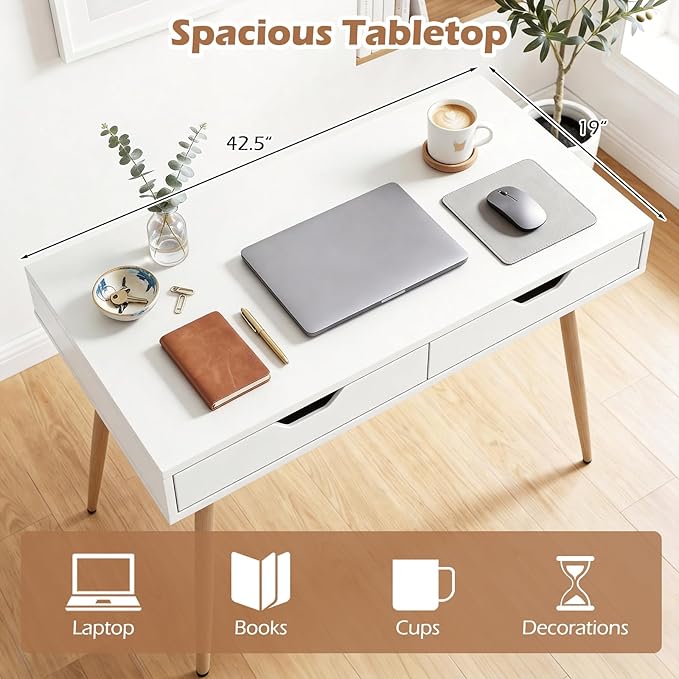 Giantex Mid-Century Desk with 2 Drawers, 42.5" Writing Study Desk with Tapered Legs, Home Office Computer Workstation PC Laptop Desk, Modern Makeup Vanity Table for Bedroom (White & Natural)