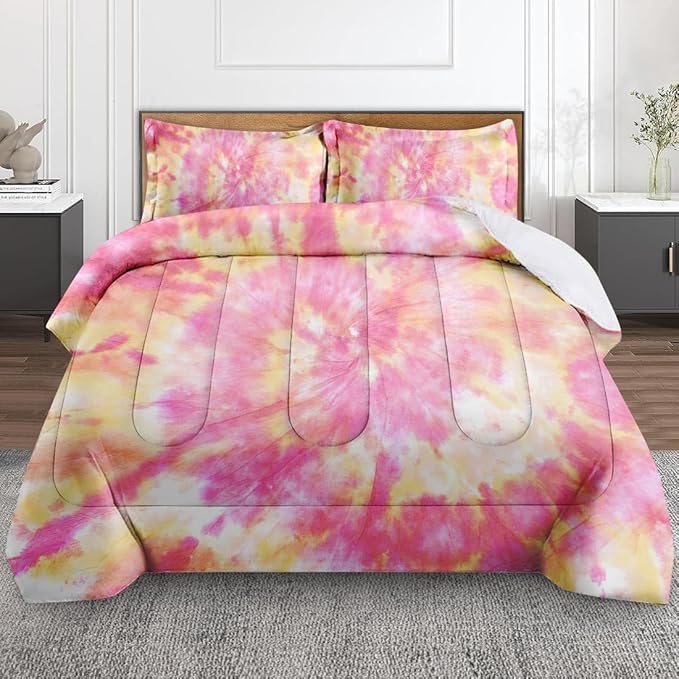 Hippie Tie Dye Orange Queen Comforter Set, Pink Peach Light Bedding Set 3 Piece, All Season Soft Toddlers Children Adults Bedroom Bed Decoration Comforter and 2 Pillow Shams
