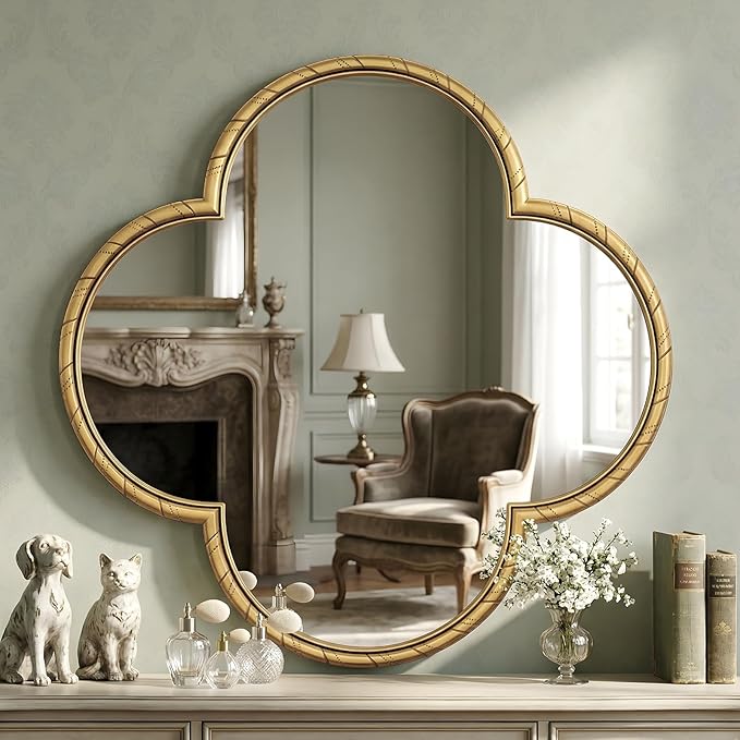 Vintage Wall Mirror Decor - 31.5" Large Antique Retro Gold Four-Leaf Clover Mirror with Rope-Like Frame, Wall Decorative Mirrors for Living Room, Bedroom, Fireplace, Bathroom