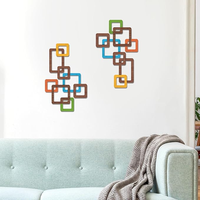 CroBlissful 2 Pcs Wooden Mid Century Modern Wall Art 3D Mid Century Modern Elegance Wall Decor Accents Vintage Abstract Geometric Panels Art for Home Room(Classic Style,bright Color)