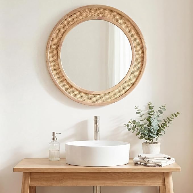 24" Round Rattan Mirror, Circle Wall Mirror, Farmhouse Wooden Vanity Mirror with Handmade Wicker Frame, Decorative Boho Mirror for Nursery Bedroom Living Room Entryway Nature