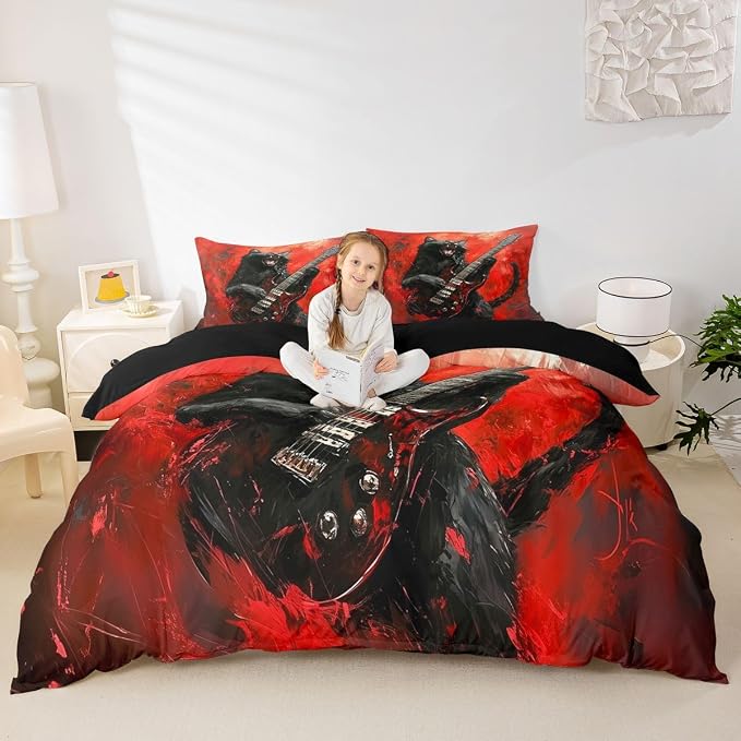 Erosebridal Rock Music Duvet Cover King Rock Black Cat Guitar Bedding Set Punk Music Lovers Room Decor Comforter Cover,Trendy Oil Painting Bed Set