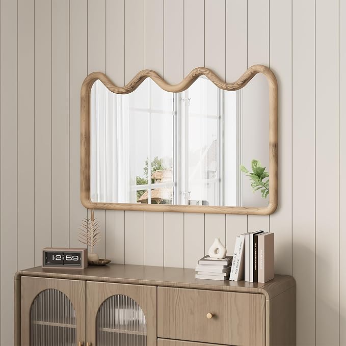 ULIKE Wavy Mirror for Wall, Rustic Wood Mirror for Bathroom Vanity, 24x36 Wooden Wall Mirrors Decorative for Bedroom, Living Room, Entryway, Brown