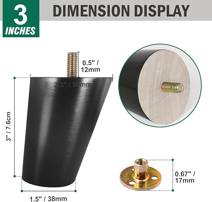 FoDau770 Black Rubber Wood Furniture Legs 3 Inches, Slant Tapered Wood Feet Mid Century Sofa Legs Set of 8, 5/16" UNC Furniture Feet Replacement Parts for Cabinet Couch Dresser Chair Ottoman Table