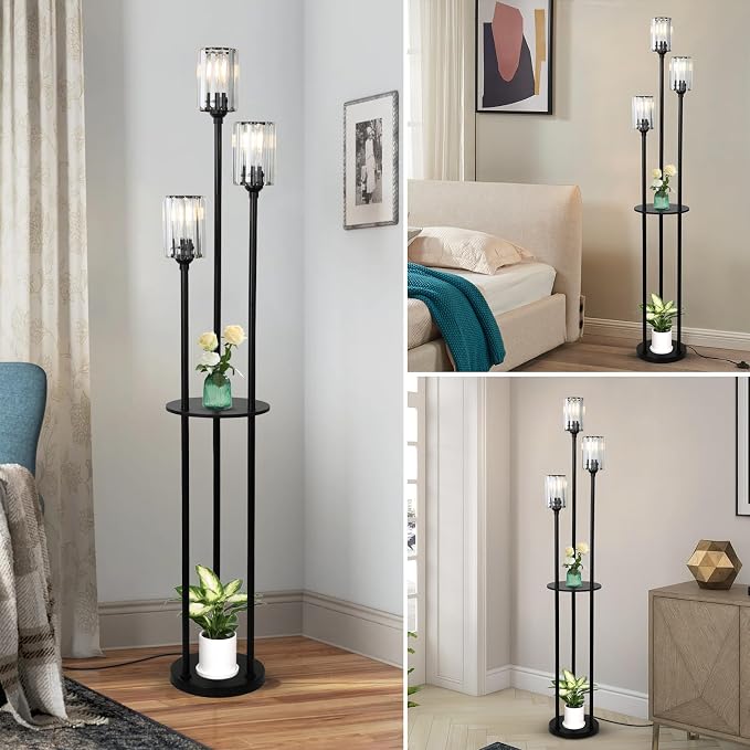 HMVPL Crystal Floor Lamp with Shelves, Modern Floor Lamps for Living Room, 3-Light Standing Lamps with Table, Black Tall Lamp with Crystal Shade, On/Off Foot Switch, Corner Floor Lamp for Bedroom
