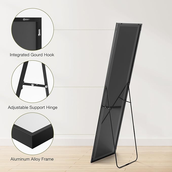 OLIXIS Black Full Length Mirror 15"x56" for Bedroom, Full Body Floor Mirror with Stand, Hanging or Leaning for Wall, Aluminum Alloy Thin Frame Floor Standing for Living Room, Long