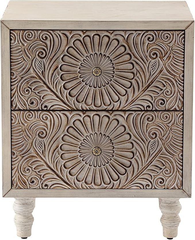 HOMPUS 2-Drawer Farmhouse Nightstand, Fully Assembled Boho Night Stand, Vintage Accent End Table Bedside Table, Small Nightstand Organizer for Bedroom, Laundry, Distress White