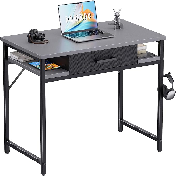 Pamray 32 Inch Small Computer Desk with Drawer and Shelves Simple Study Work Table for Bedroom Grey