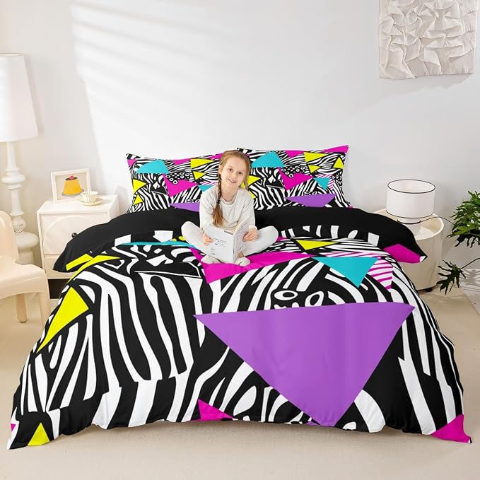 80s 90S Fashion Style Bedding Set Twin Size,Retro Memphis Style Pattern with Geometrical Shapes Duvet Cover for Kids Child,Funky Hipster Old Fashioned Comforter Cover Geometric Bedroom Decor