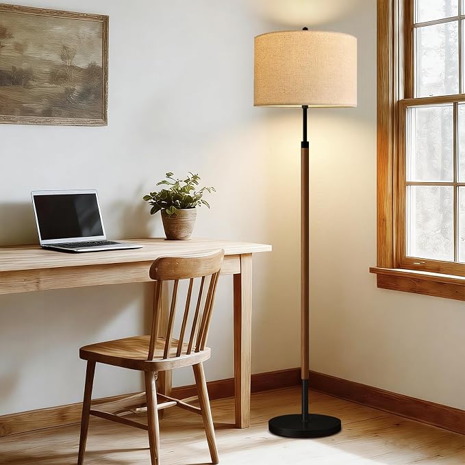ILLMTW Wood Floor Lamp for Living Room,Bedroom,Vintage Mid Century Modern Standing Lamp with Remote Dimmable,Boho Black Tall Lamp Fabric Lamp Shade Floor Lights Bohemian Tiffany Style