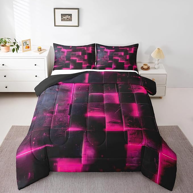 Black Hot Pink Abstract Comforter Full Gradient Square Full Bedding Set, Grid Down Comforter Neon Checkered Bed Set Glowing Plaid Quilted Duvet 3D Modern Bedroom Decor 3pcs (Black Reversible)