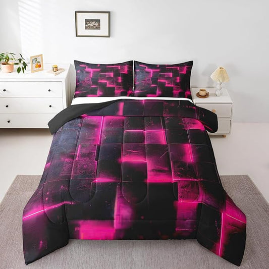 Black Hot Pink Abstract Comforter Full Gradient Square Full Bedding Set, Grid Down Comforter Neon Checkered Bed Set Glowing Plaid Quilted Duvet 3D Modern Bedroom Decor 3pcs (Black Reversible)