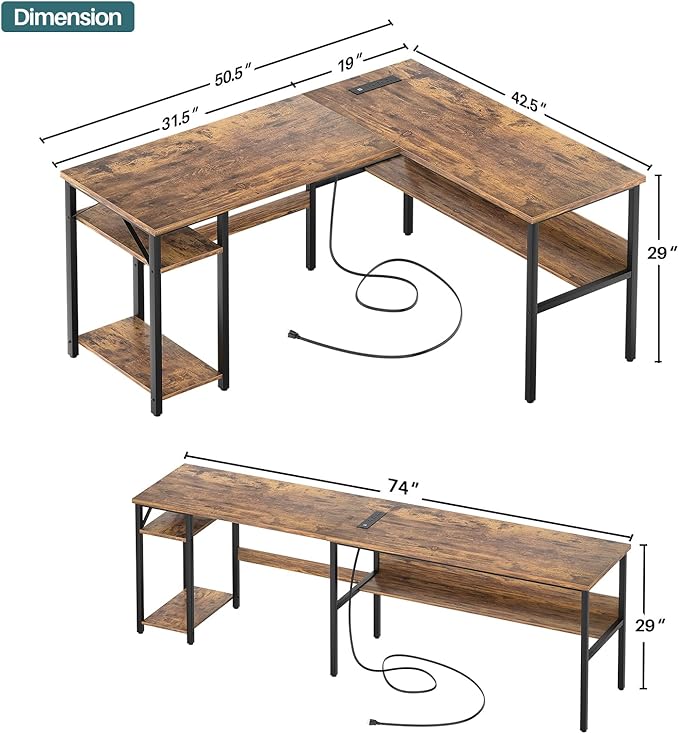 Unikito L Shaped Computer Desk with Magic Power Outlets and USB Charging Port, Sturdy Reversible Corner Desk with Storage Shelves, Modern Work Desk for Home Office, Easy to Assemble, Rustic Brown