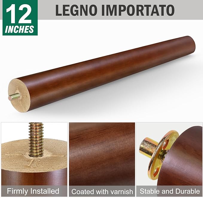 FoDau770 Brown Rubber Wood Furniture Legs 12 Inches, Straight Tapered Wood Feet Mid Century Sofa Legs Set of 4, 5/16" UNC Furniture Feet for Cabinet Couch Dresser Chair Ottoman Table