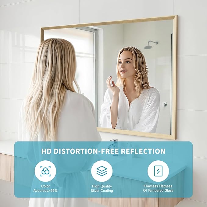Oak Wood Effect Framed Wall Mirror, 30x40 Rectangle Mirror, Anti-desilvering Tempered Glass, Sustainable& Sturdy Frame, Anti-Rust, HD Reflection &3min Fast Setup for Bathroom Living Room