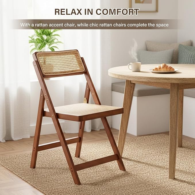 Furlide Rattan Folding Chair, Modern Mid Century Dining Chairs Set of 1, Comfy Outdoor Bamboo Chairs for Bedroom Living Room Reading Room Dining Kitchen, Walnut