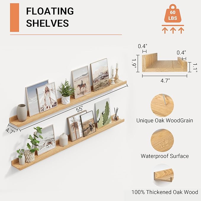 Vivelove Oak Picture Ledge Shelf,Floating Wall Mounted Shelves, Black Shelves for Wall Decor, Modern Picture Ledge Shelf with Lip for Storage, Bedroom, Living Room, Bathroom,Nursery Display