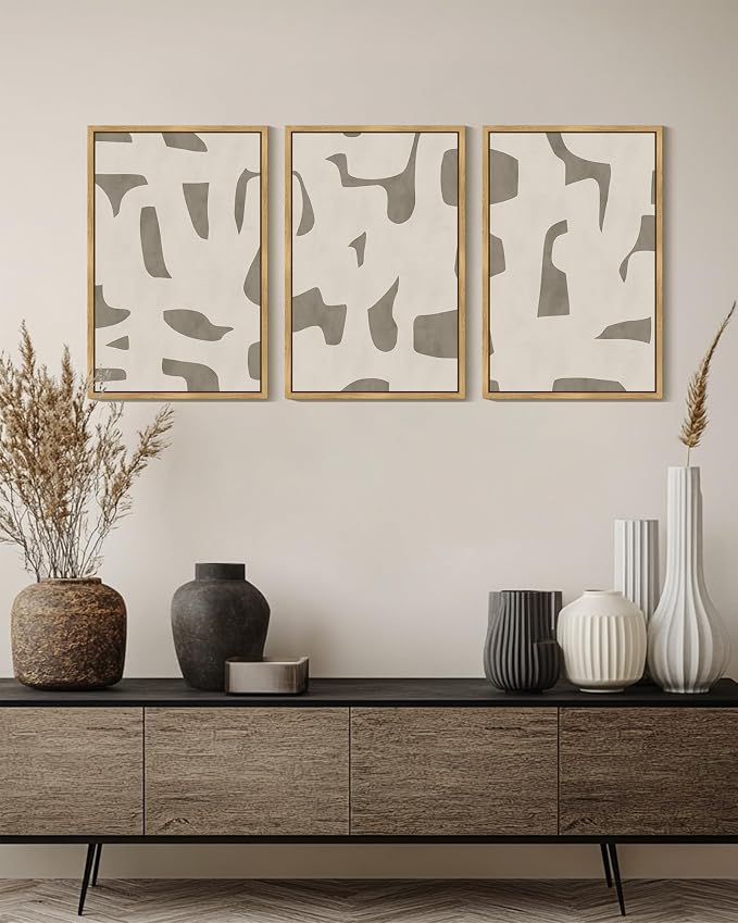 KUVIOKE Bohemain Abstract Framed Wall Art Brown Mid-Century Duotone Minimal Dark Brush Stroke Neutral Modern Minimalist Painting Decorative Artwork 16x24in (Natural Framed)