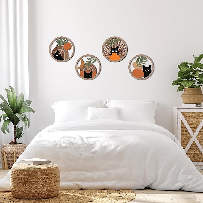 HPNIUB Boho Black Cat Wall Decor, Farmhouse Geometric Hanging Wooden Wall Art, 4 Pieces 10''x10'' Mid Century Bohemian Abstract Moon and Sun Wood Sign for Nursery Bedroom Decoration, Lovely Cat Gifts