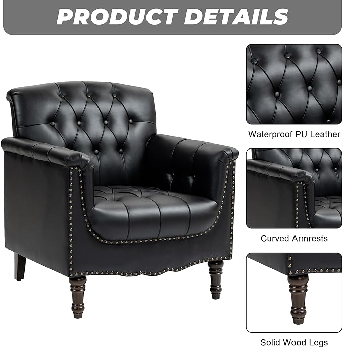 Lumibee Faux Leather Accent Chairs Set of 4, Upholstered Armchairs with Nailhead Trims & Wood Legs for Living Room, Bedroom, Contemporary Comfy Club Chairs for Office-Black