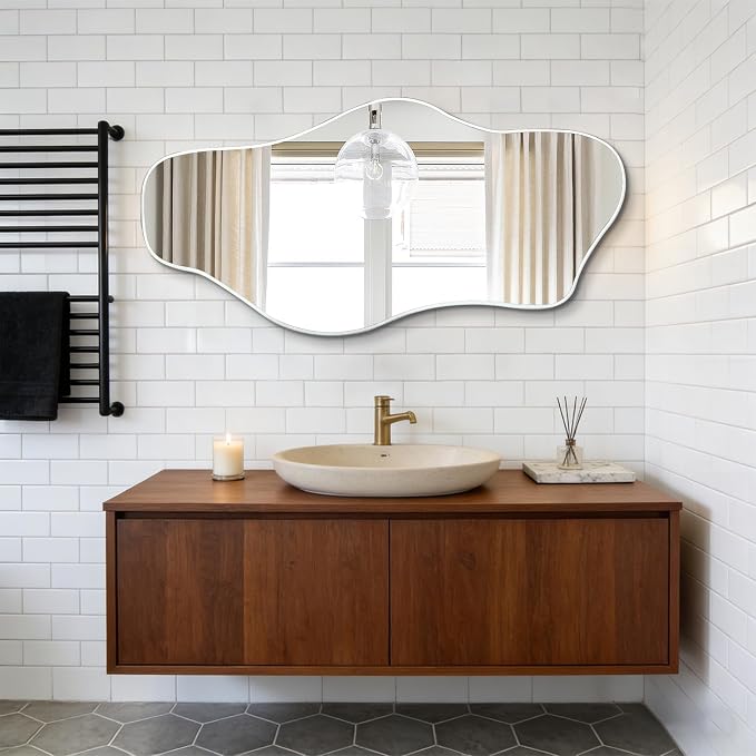 Irregular Frameless Mirror, 47.2"x24" Silver Asymmetrical Tempered Glass Mirror, Organic Shaped Wall Mirrors for Entryway Bedroom Living Room Bathroom, Horizontal or Vertical Hanging