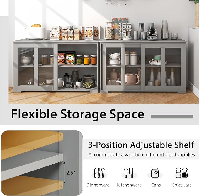 Byroce Sideboard Buffet Cabinet, Stackable Storage Coffee Bar Cabinet with Adjustable Shelf & Glass Sliding Doors, Wood Cupboard Credenza Console Table for Kitchen Dining Living Room (2, Grey)