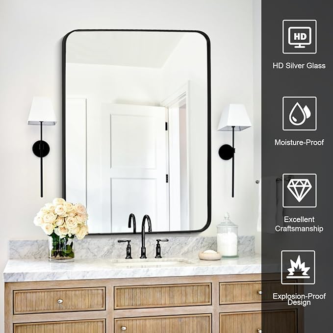 Black Bathroom Mirror 24X32 Inch Rounded Rectangle Wall Mirror Stainless Steel Metal Frame Vanity Mirror Anti-Rust for Entryway, Bathroom, Vanity, Living Room Hangs Vertically or Horizontally