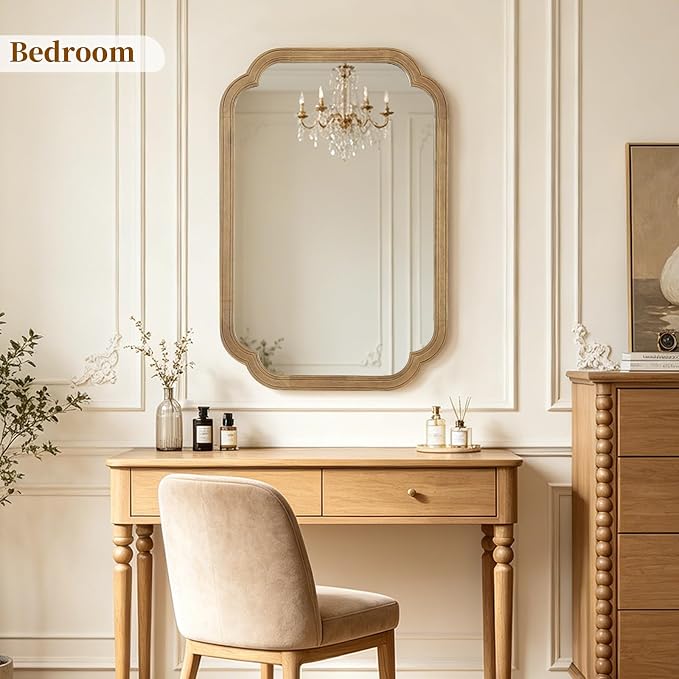 HOMECOOKIN Wood Bathroom Mirror for Wall Decor Arched Rounded Corner Rustic Wood Frame Wall Mirror Home Decorative for Vanity, Living Room, Bedroom, Entryway (20 x 30 inch, Honey A)