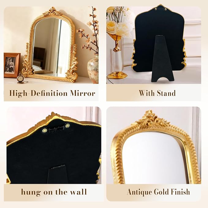 YUSONG Vintage Desk Mirror – 12" Gold Antique Tabletop Mirror with Resin Frame, Decorative Wall Art for Living Room Bedroom Vanity Desk Decor, Birthday Gift