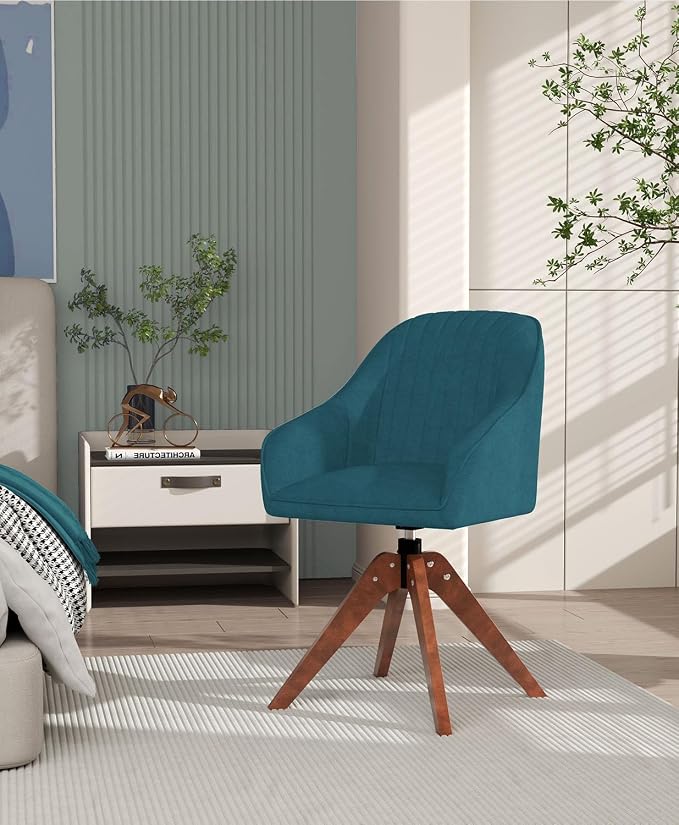 OS MOTOR Modern Swivel Accent Chair with Arms, Upholstered Desk Chair No Wheels, Mid-Century Fabric Armchair with Oak Wood Legs for Home Office, Bedroom, Vanity, Sky Blue