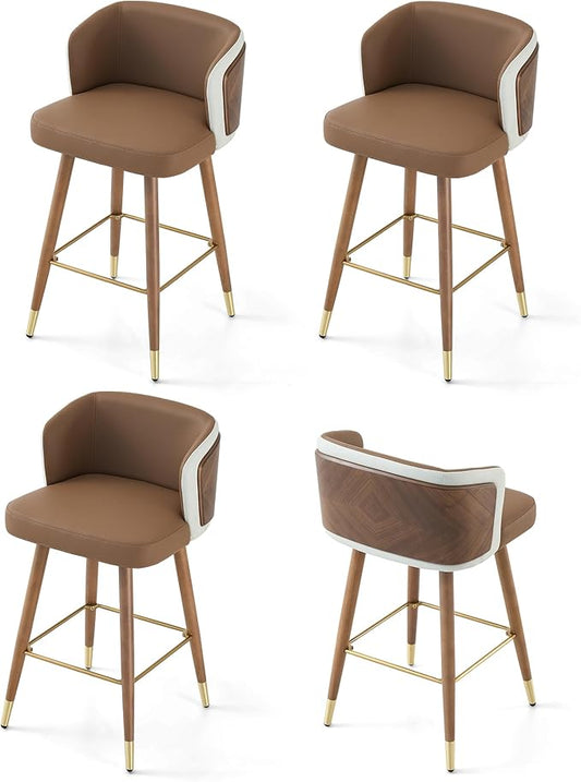 ARTPLAN Mid Century Modern Bar Stools Set of 4 for Counter Height - Leather Upholstered Seat with Walnut Wood Frame, Retro 34 Inch Bar Chairs for Home Kitchen Island, Bar, Breakfast Nook,Brown