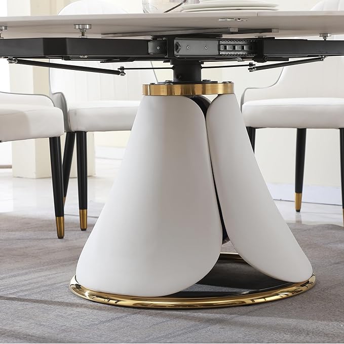 Round Marble Dining Table for 6-8, Multi-Functional Retractable Kitchen and Dining Room Table, Petal Pu Leather & Metal Base (Only Table)