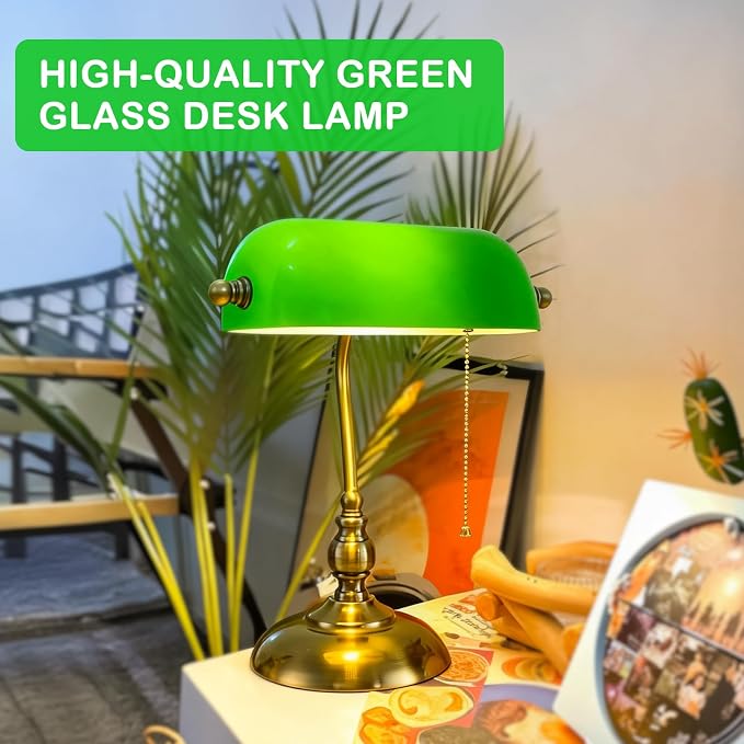 Classic Banker's Desk Lamp, Green Glass Shade, Antique Brass Base, Pull Cord Switch, Vintage Style