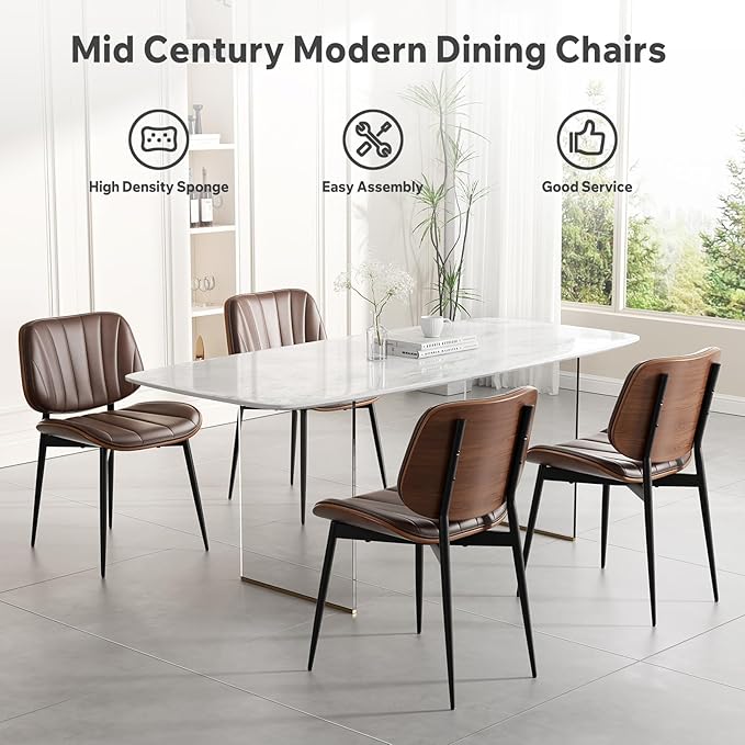 Dining Chair, Mid Century Modern Dining Room Chairs, Upholstered Faux Leather Kitchen Chairs with Walnut Bentwood Back and Metal Legs for Kitchen Dining Room Living Room, Coffee