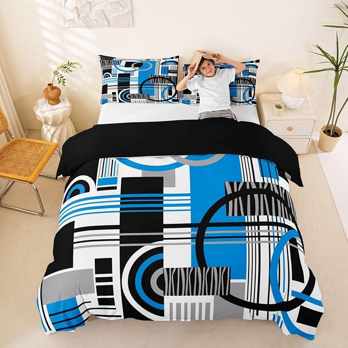 Erosebridal Art Deco Mid Century Duvet Cover Set Retro Modern Abstract Geometric Full Size Bedding Sets for Teenage Boys Black and White Blue Circles Stripes Comforter Cover Contemporary Bed Set