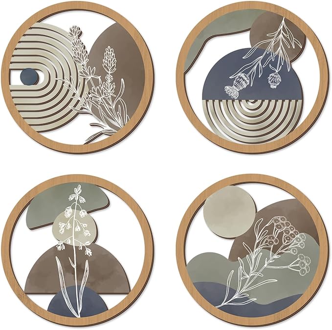 TOARTi 4Pieces Boho Botanical Wooden Wall Art,Farmhouse Geometric Round Wall Decor,Vintage Bohemian Plants Hanging Art,Morden Minimalist Aesthetic Artwork for Bedroom Living Room